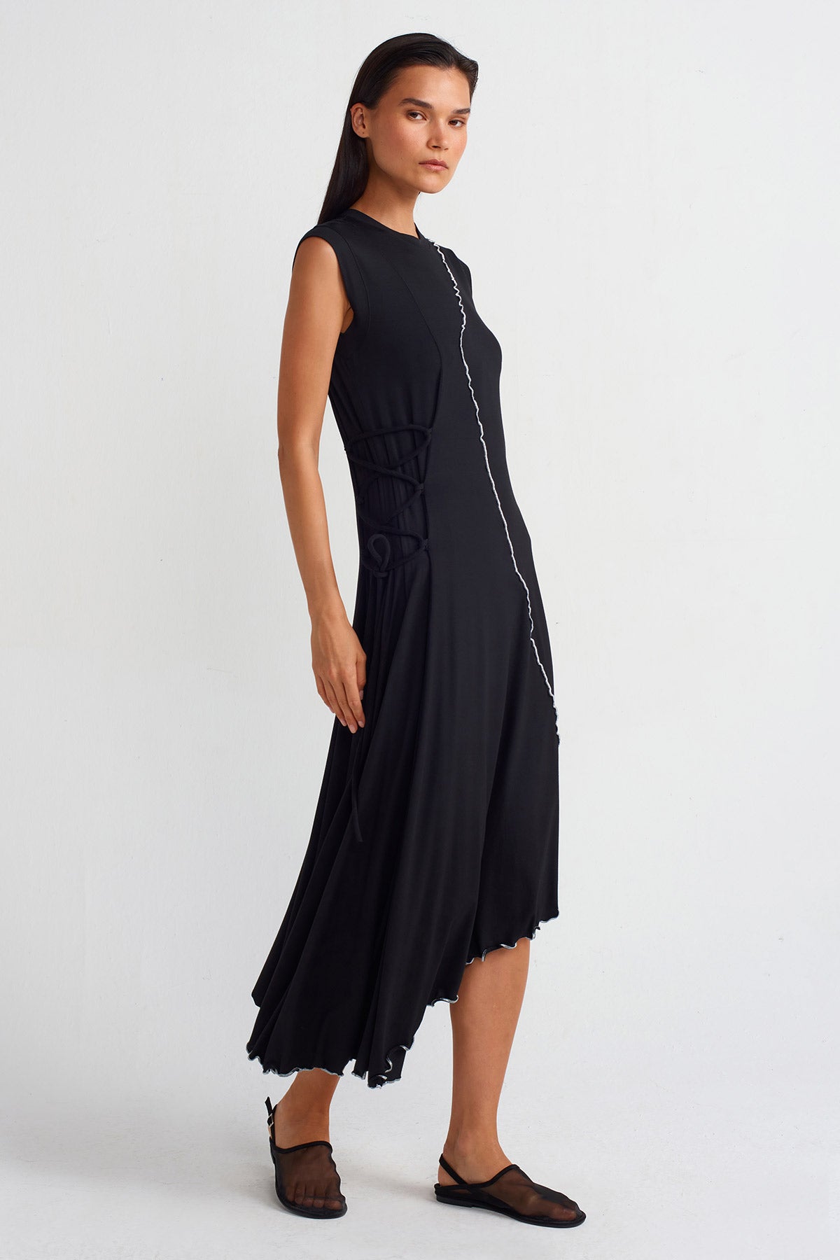 Black Contrast Lettuce Hem Dress-Y254014065