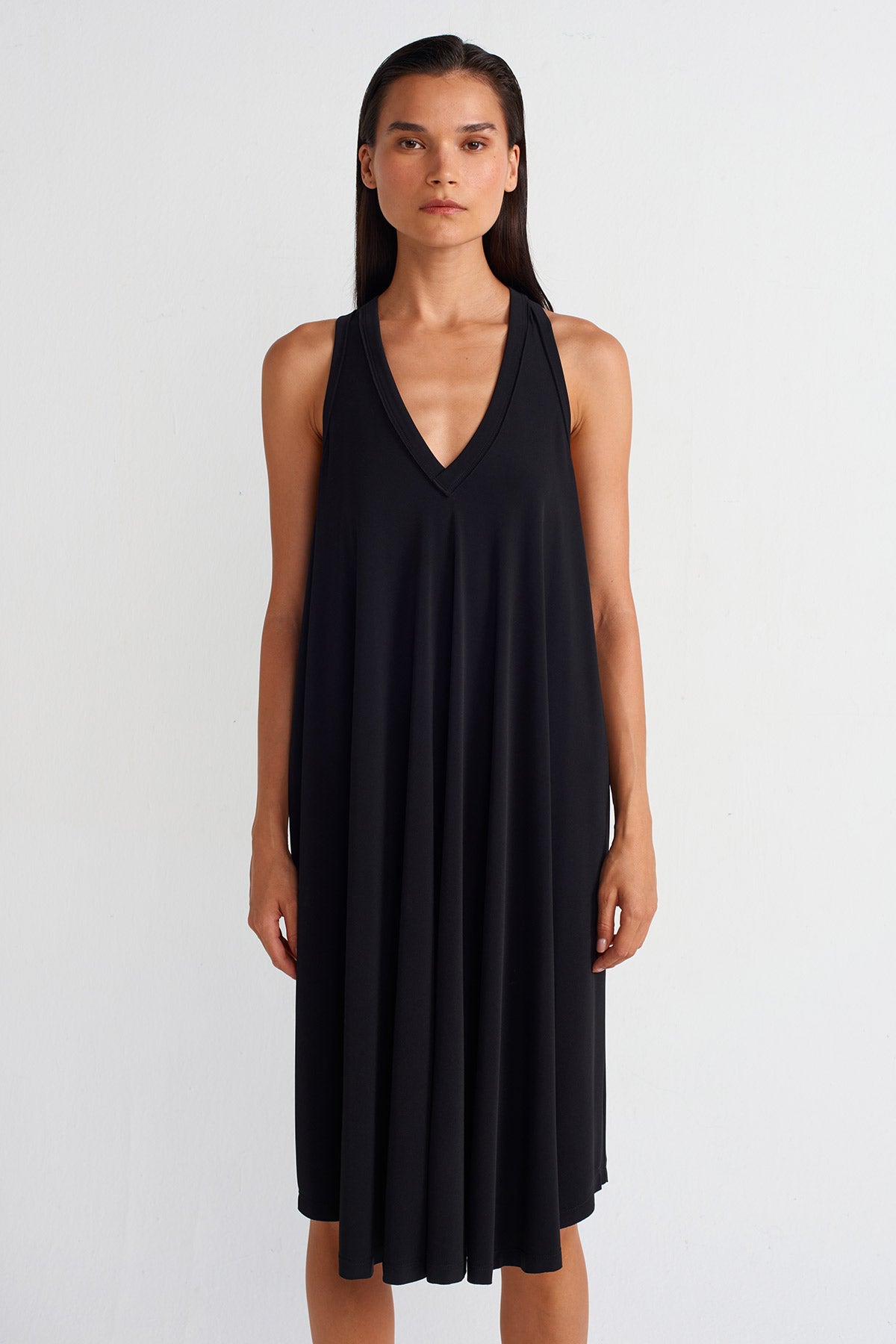 Black V-Neck Draped Jersey Dress-Y254014066