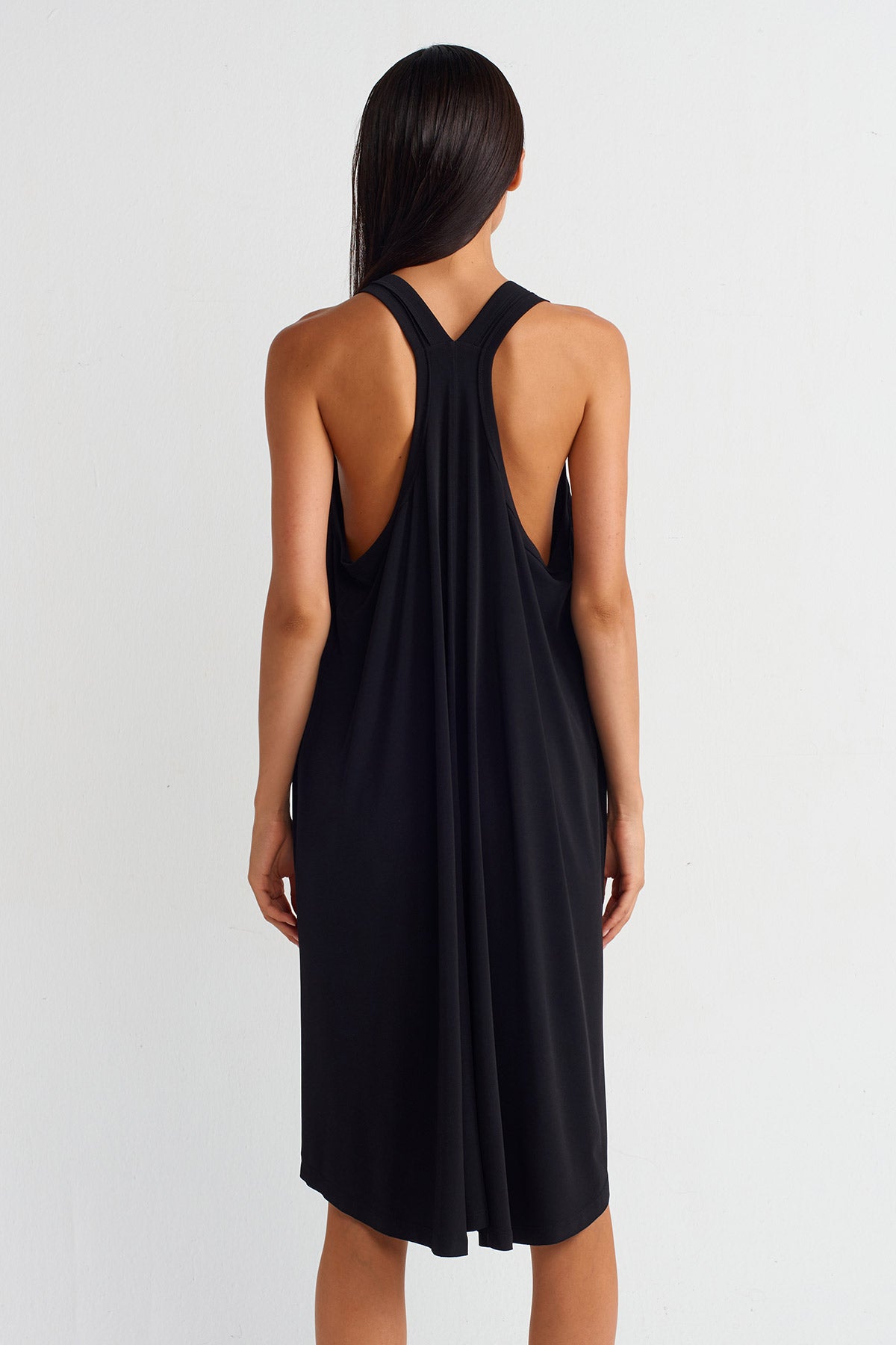 Black V-Neck Draped Jersey Dress-Y254014066