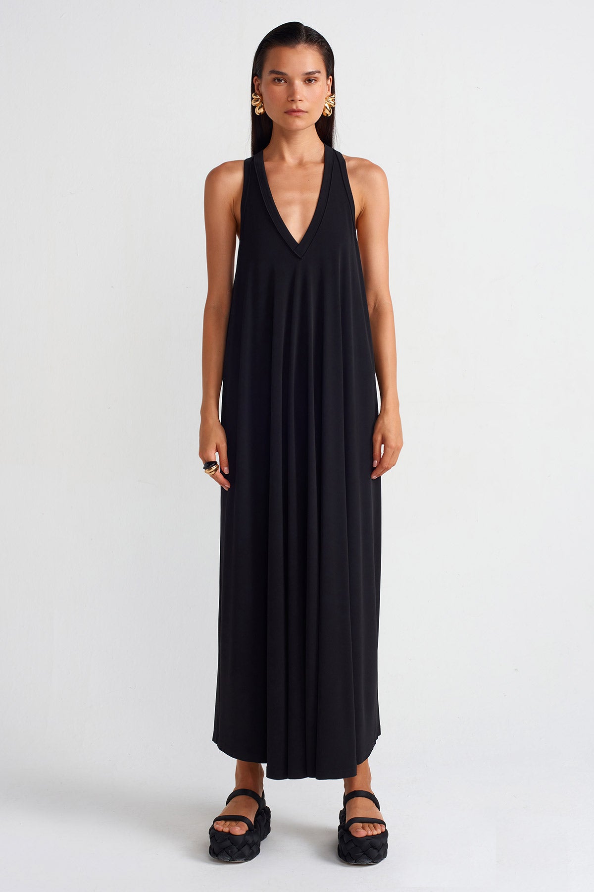 Black V-Neck Draped Jersey Maxi Dress-Y254014067