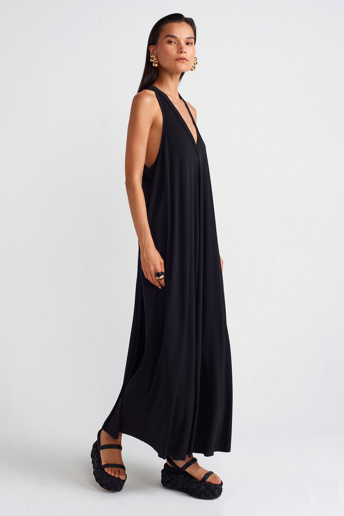 Black V-Neck Draped Jersey Maxi Dress-Y254014067