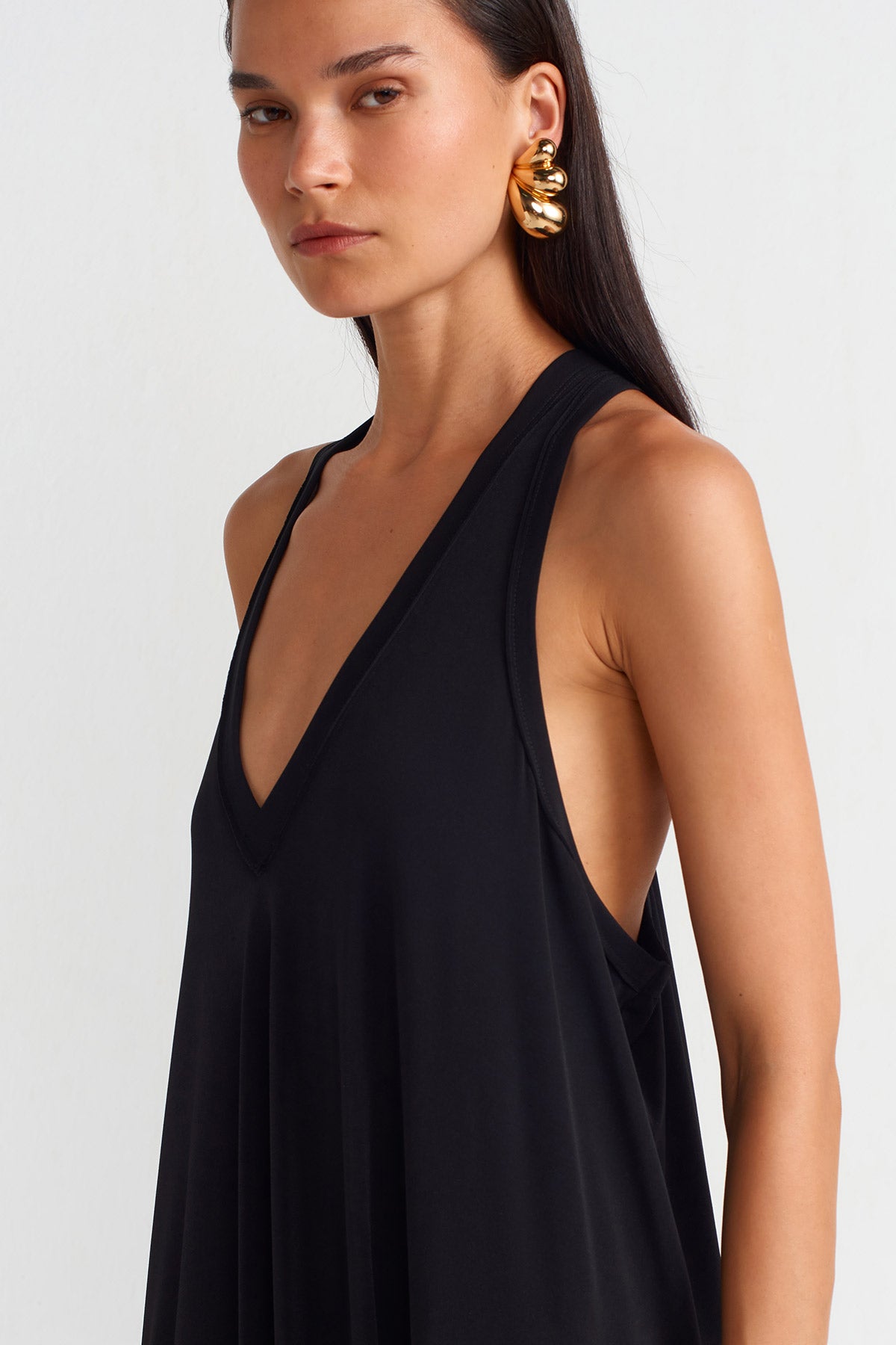 Black V-Neck Draped Jersey Maxi Dress-Y254014067