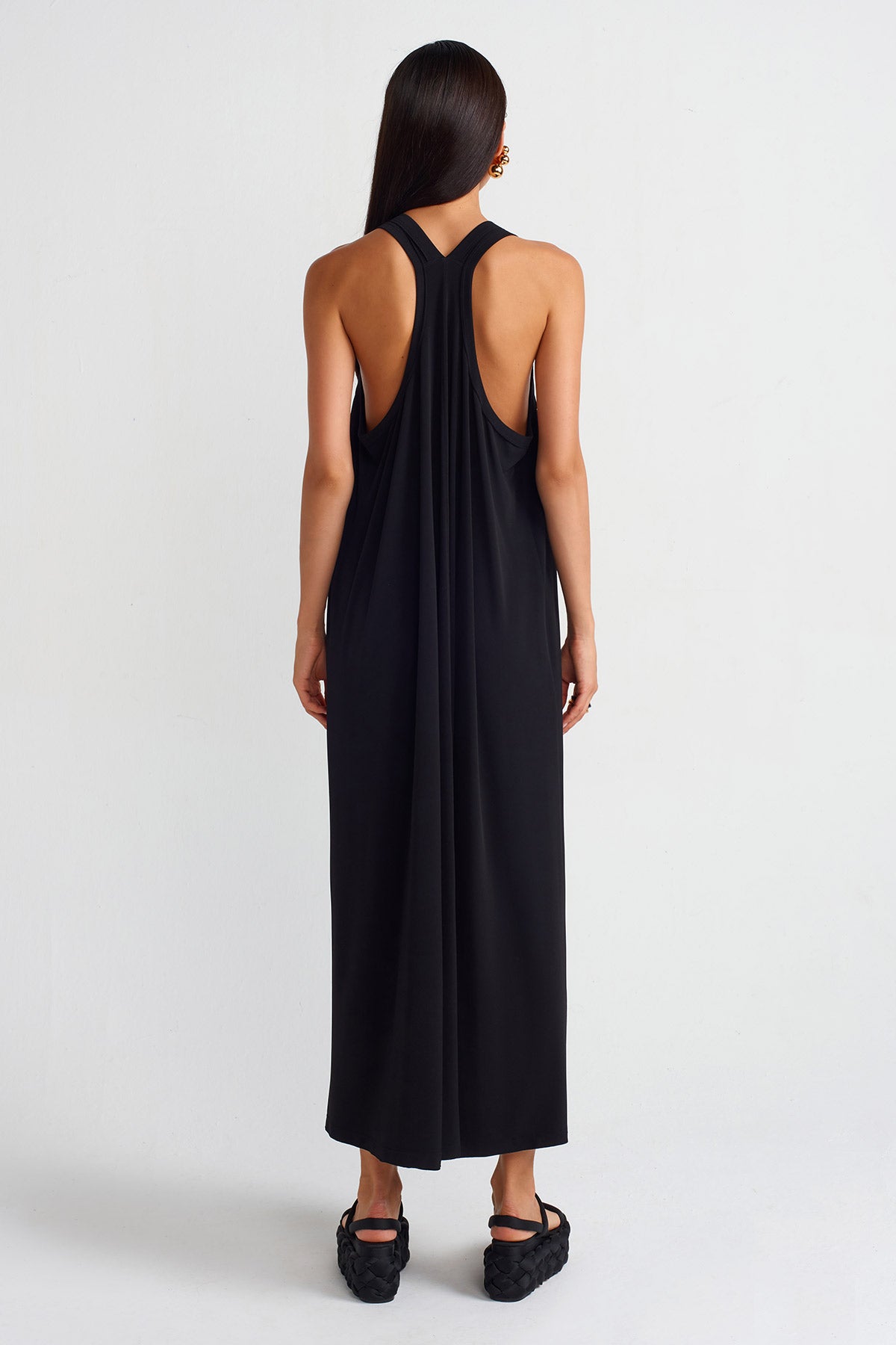 Black V-Neck Draped Jersey Maxi Dress-Y254014067