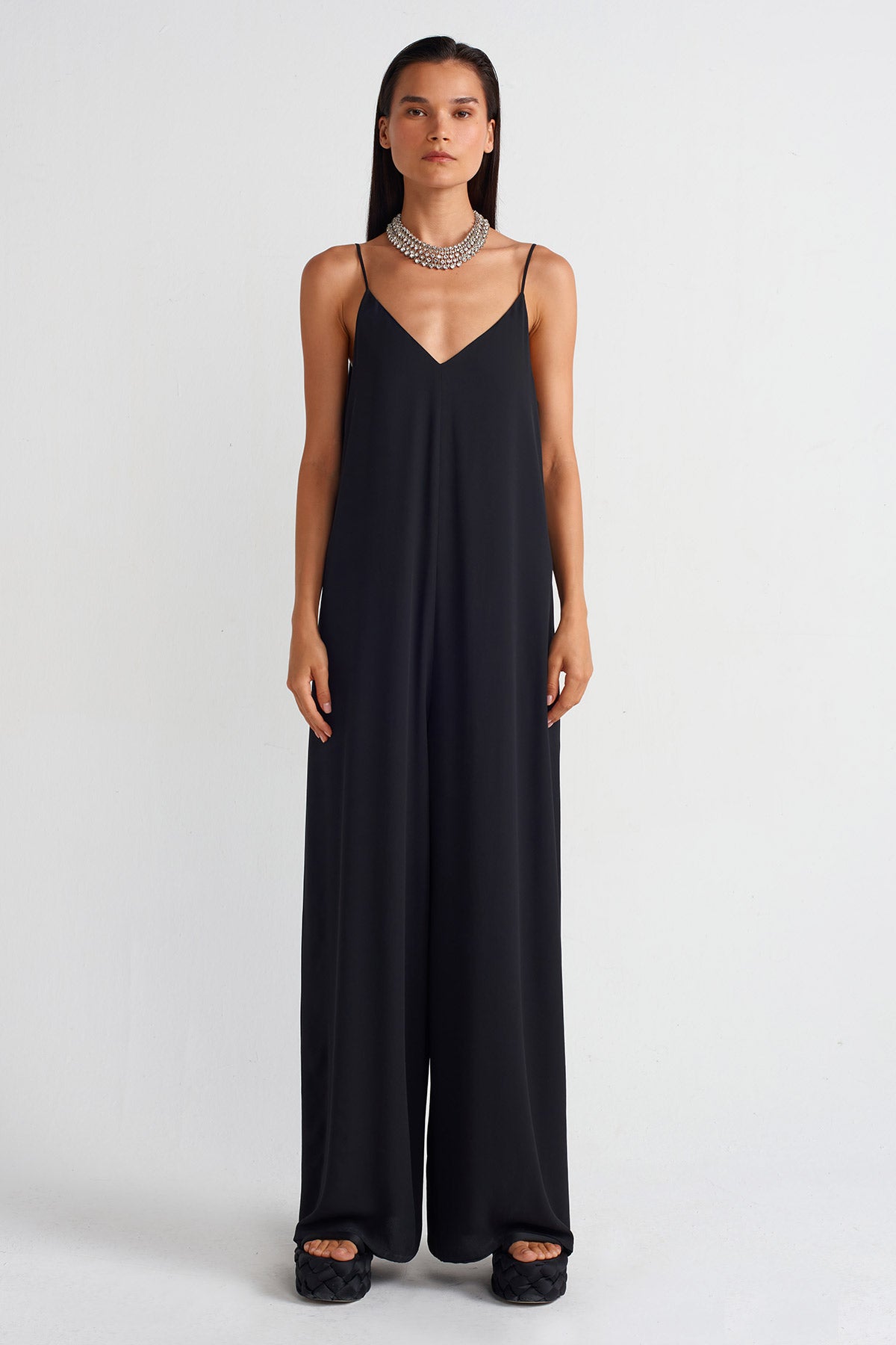 Black Thin Strapped Elegant Chiffon Jumpsuit-Y254014068