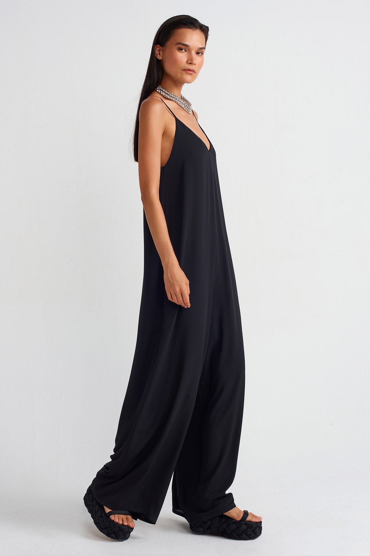 Black Thin Strapped Elegant Chiffon Jumpsuit-Y254014068