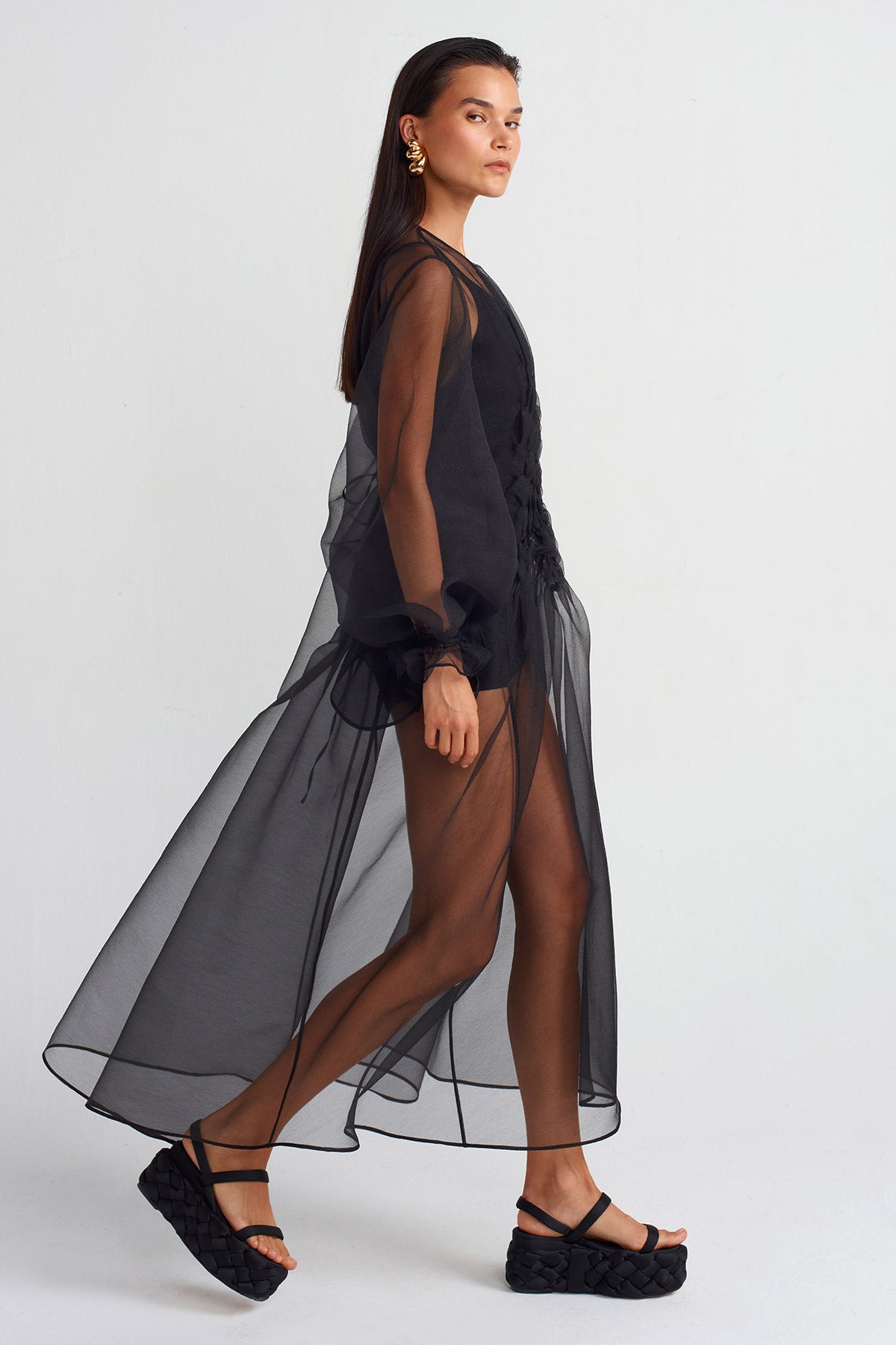 Black Drawstring Front Organza Dress-Y254014069