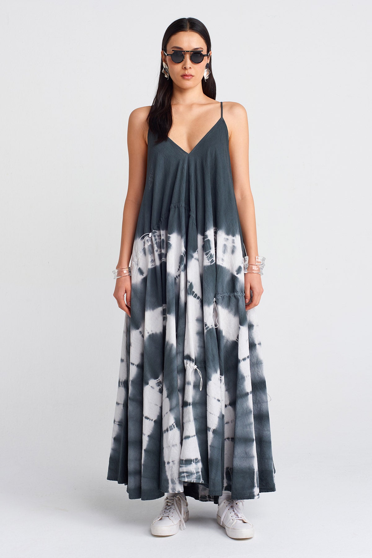 Dark Grey Tie-Dye Effect Spaghetti Strap Maxi Dress-Y254014084