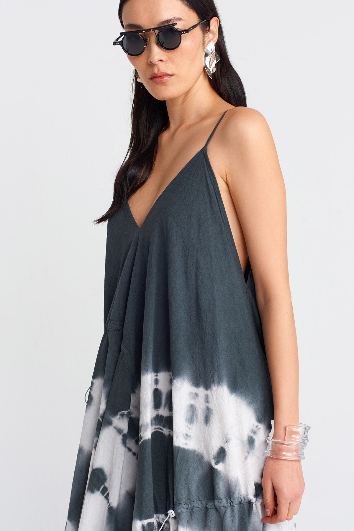 Dark Grey Tie-Dye Effect Spaghetti Strap Maxi Dress-Y254014084