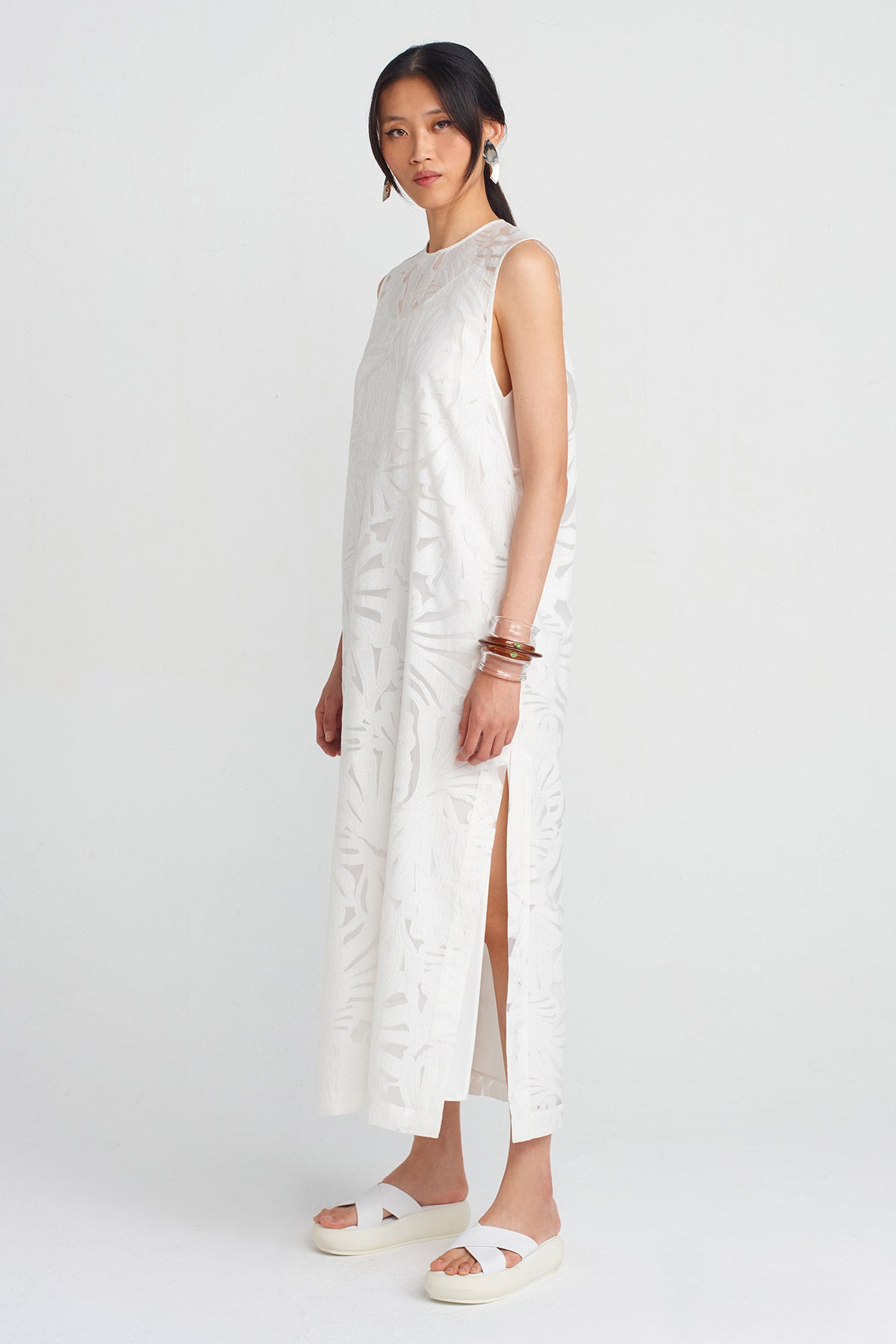 Off White Jacquard Pattern Organza Dress-Y254014098