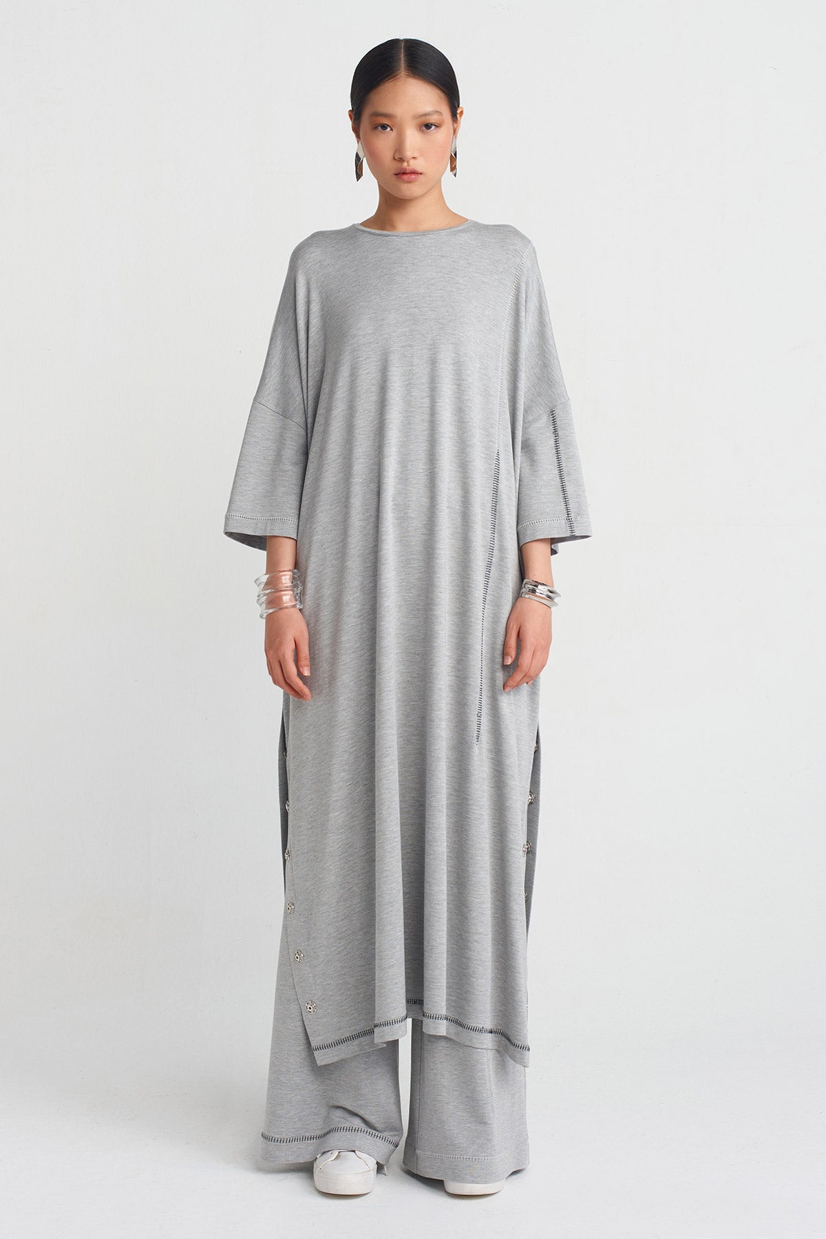 Grey Melange Side Snap Detail Tunic Dress-Y254014100