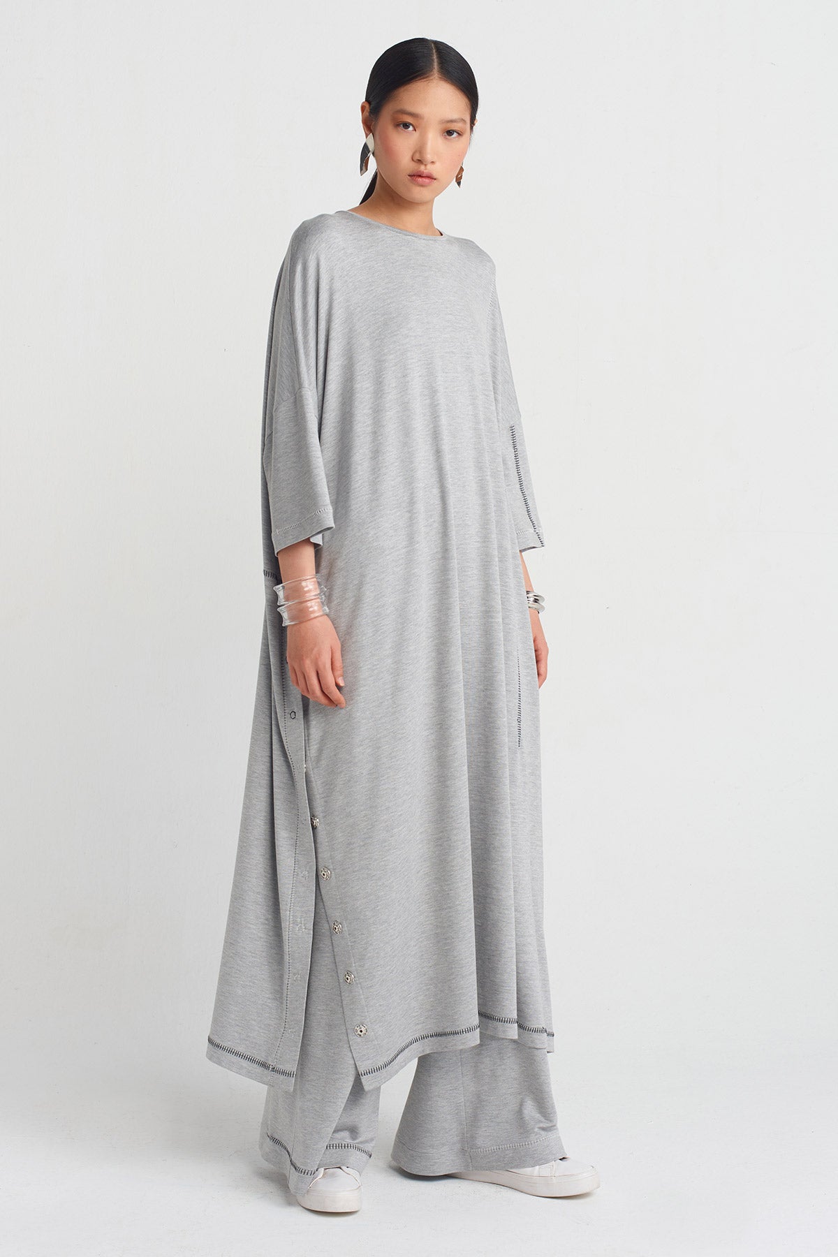 Grey Melange Side Snap Detail Tunic Dress-Y254014100