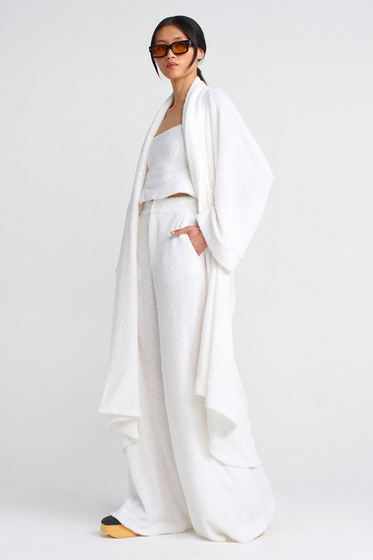 Off White Towel Fabric Long Kimono-Y255015004