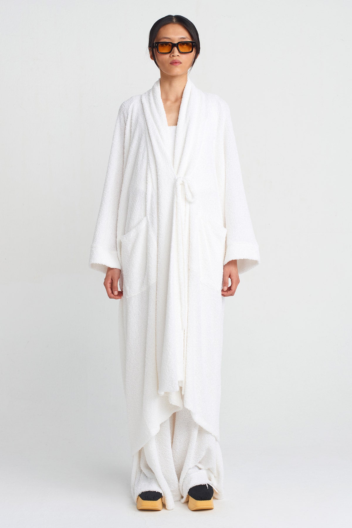 Off White Towel Fabric Long Kimono-Y255015004