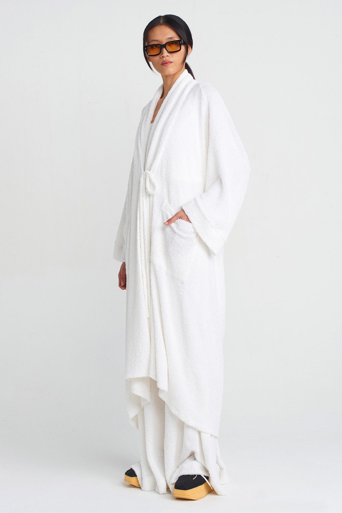 Off White Towel Fabric Long Kimono-Y255015004