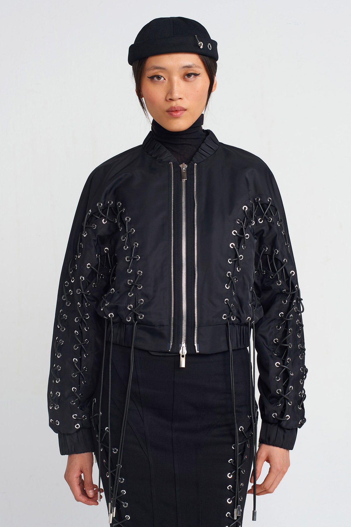 Black Eyelet and Lace-Up Detailed Bomber Jacket-Y255015008