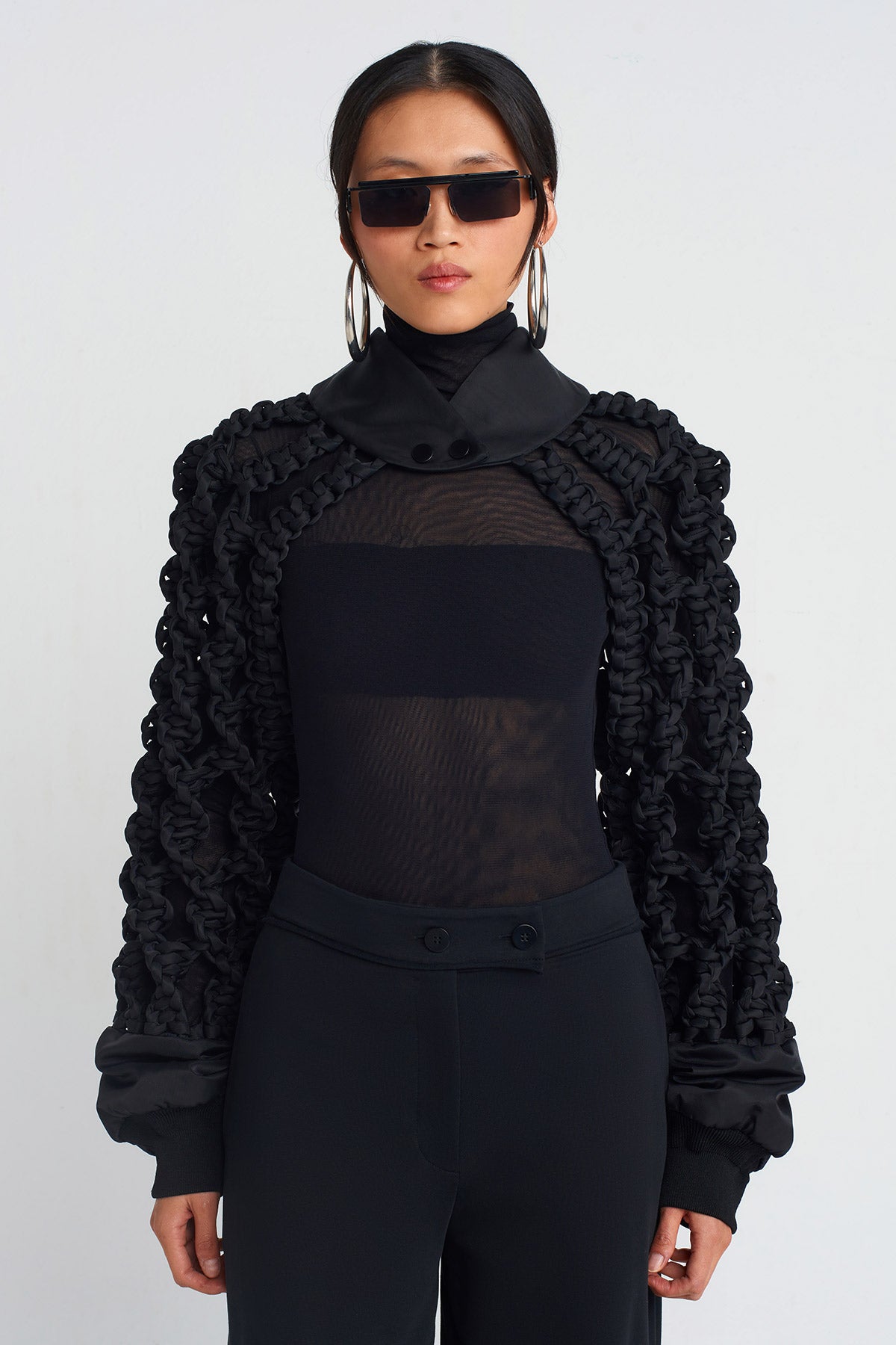 Black Macrame Bomber Jacket-Y255015010