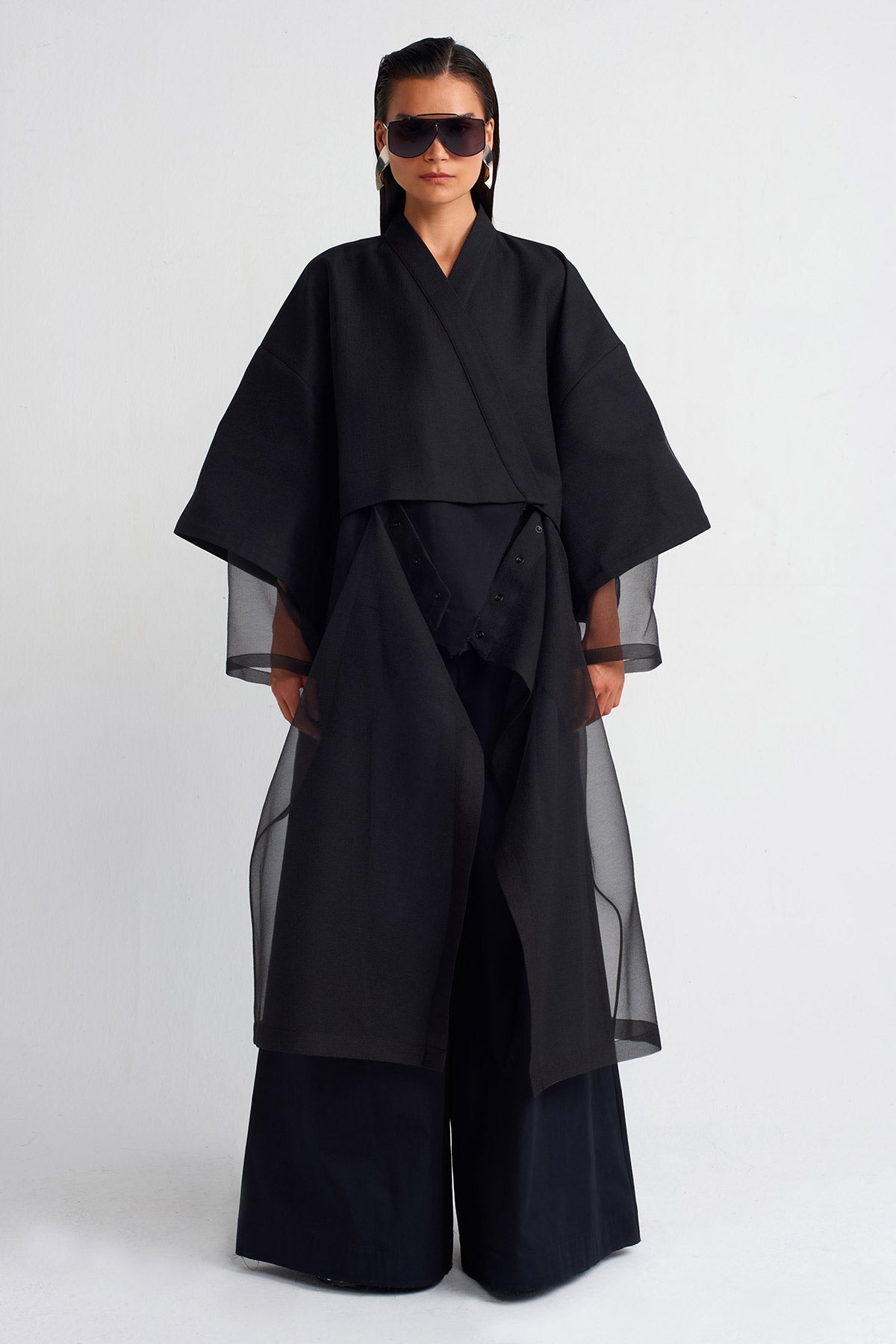 Black Organza Detailed Kimono-Y255015016