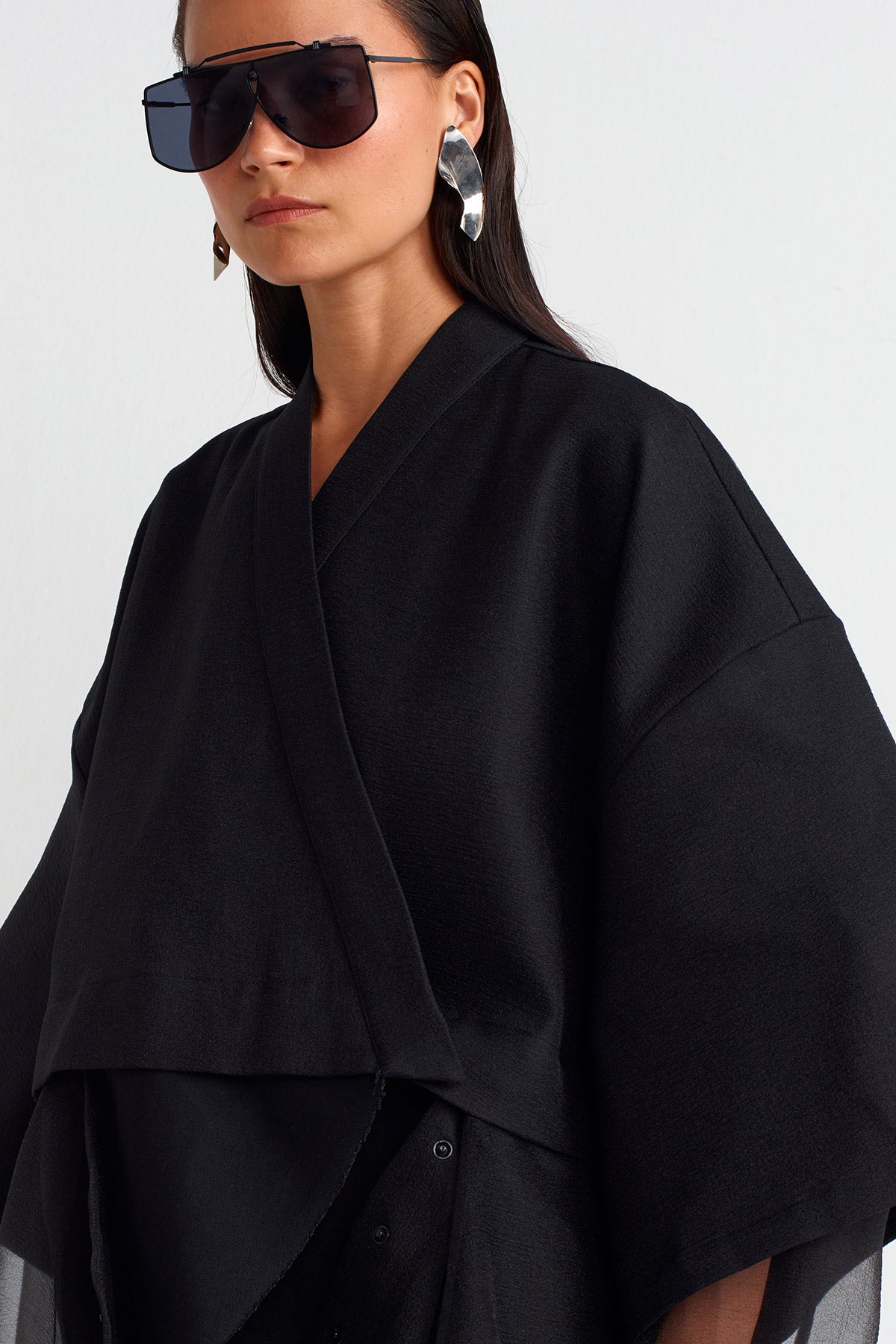 Black Organza Detailed Kimono-Y255015016