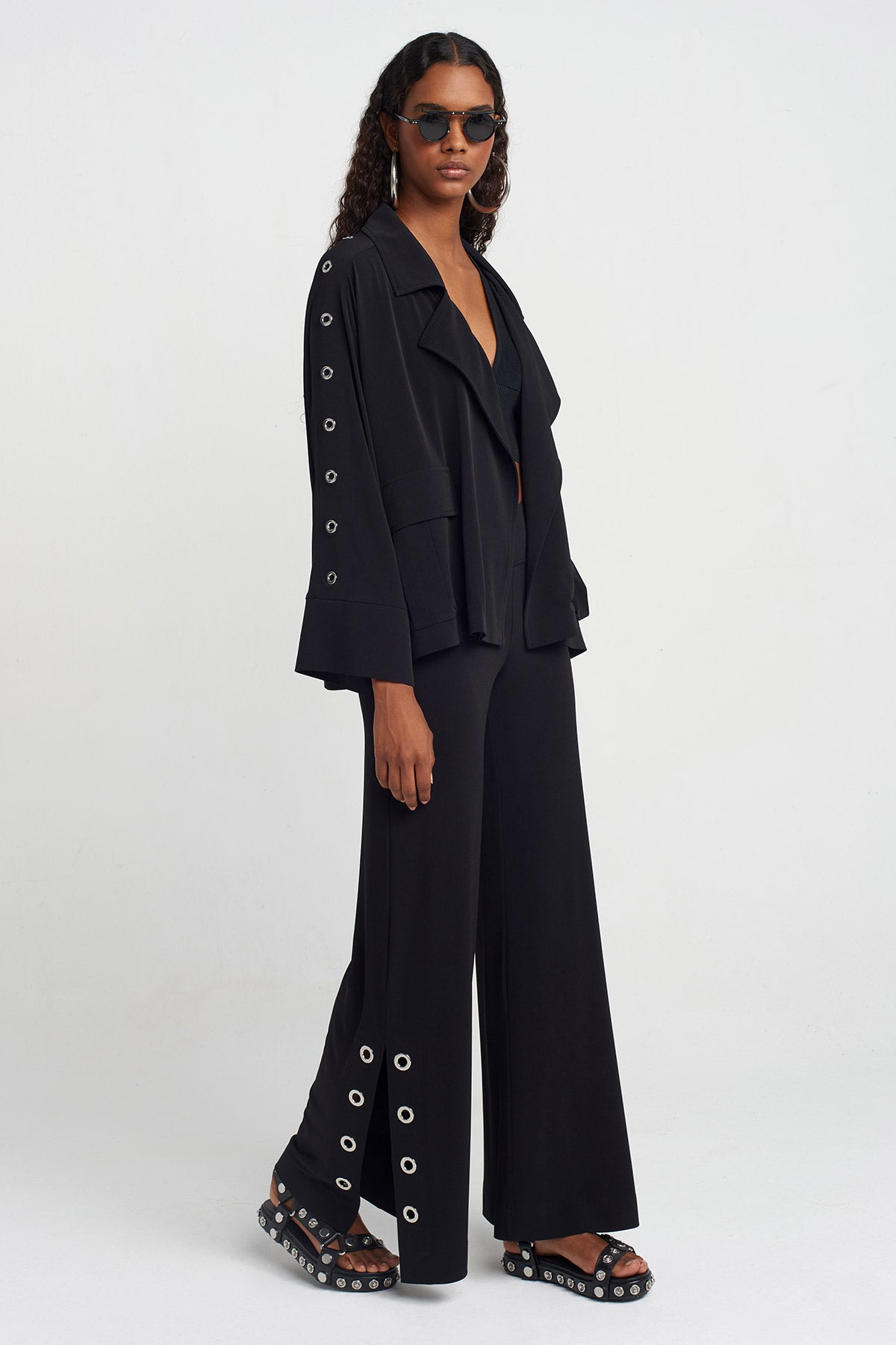 Black Eyelet Jersey Cardigan-Y255015027