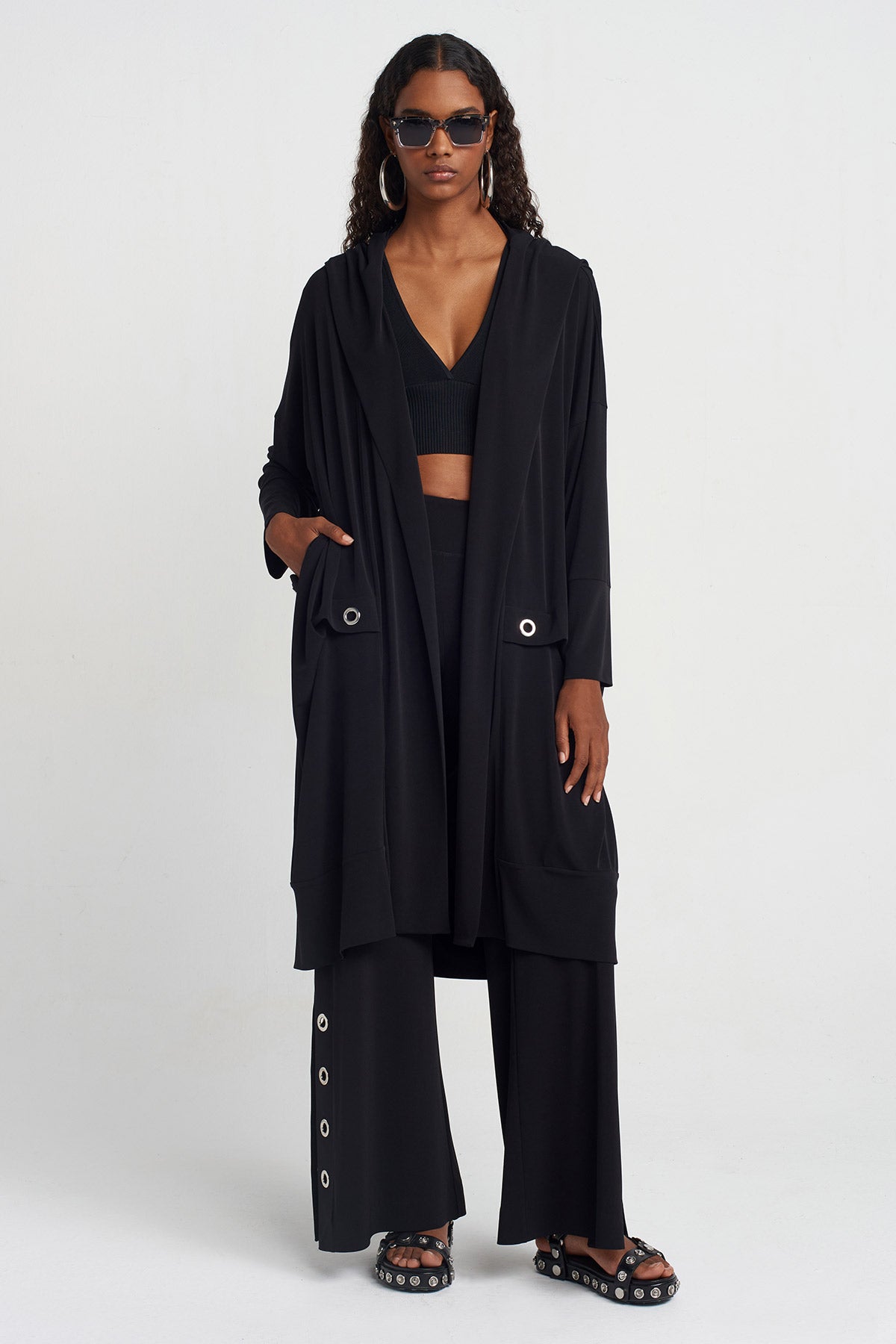 Black Eyelet, Hooded Jersey Cardigan-Y255015028