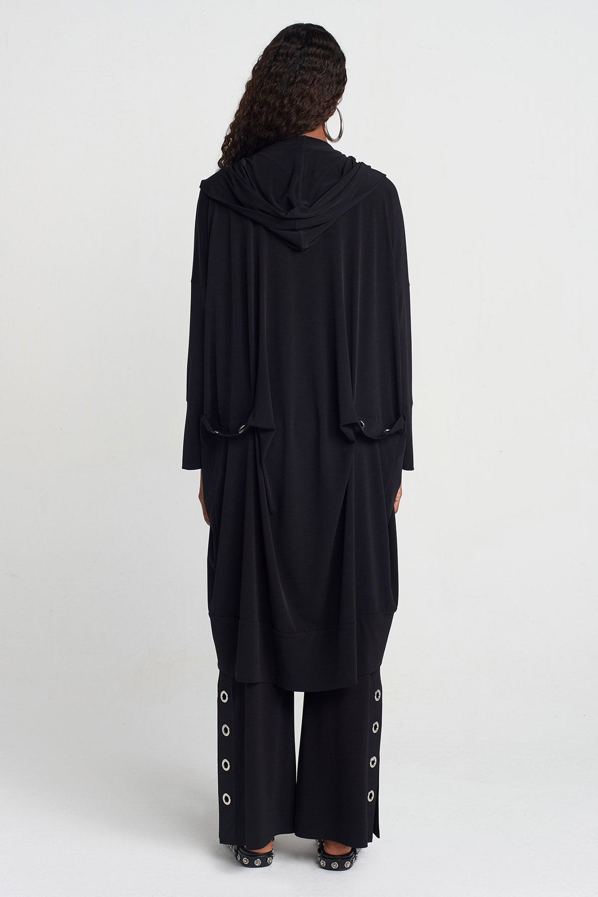 Black Eyelet, Hooded Jersey Cardigan-Y255015028