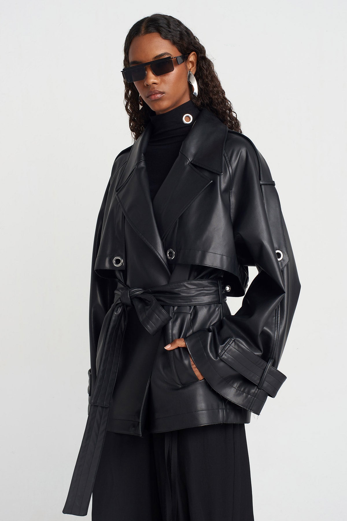 Black Faux Leather Coat-Y255015033