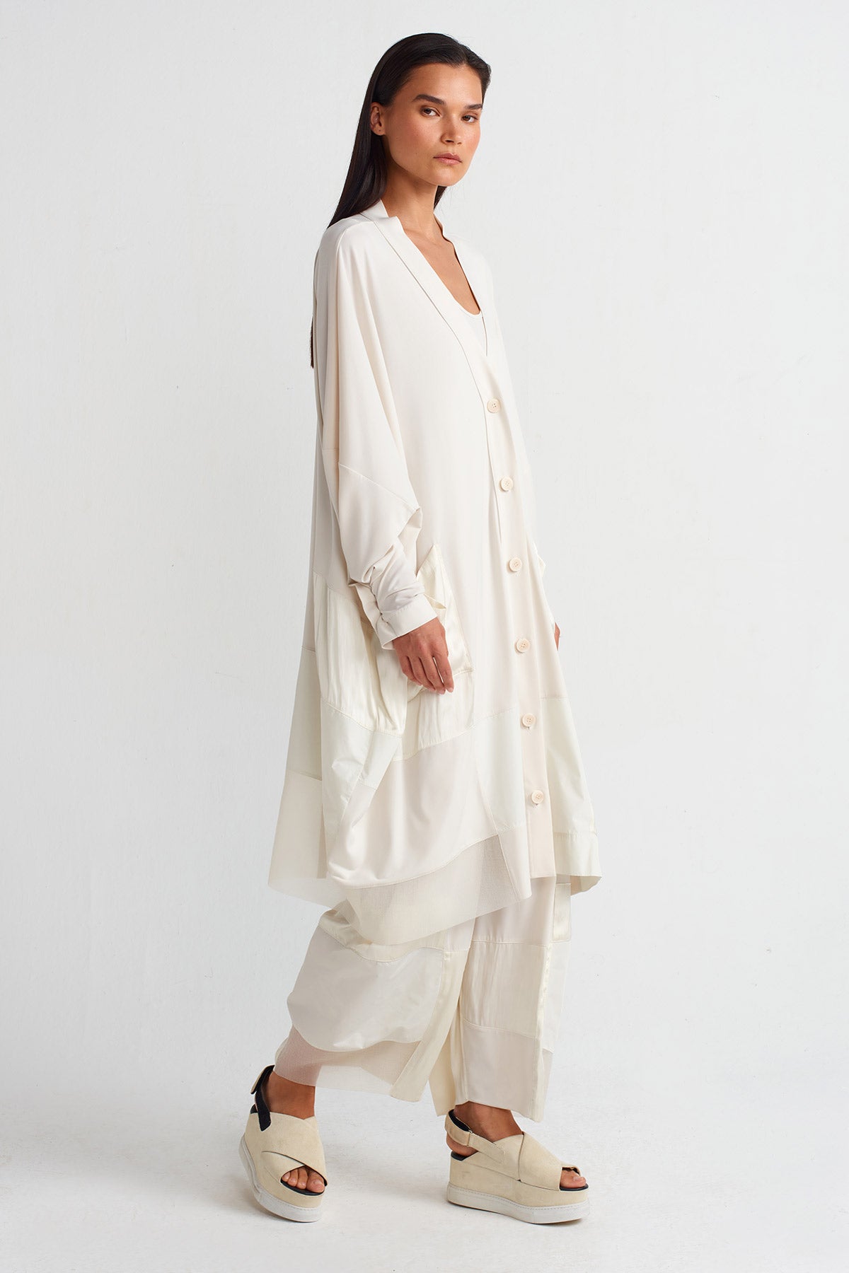 Ecru Organza and Taffeta Striped Jersey Cardigan-Y255015036