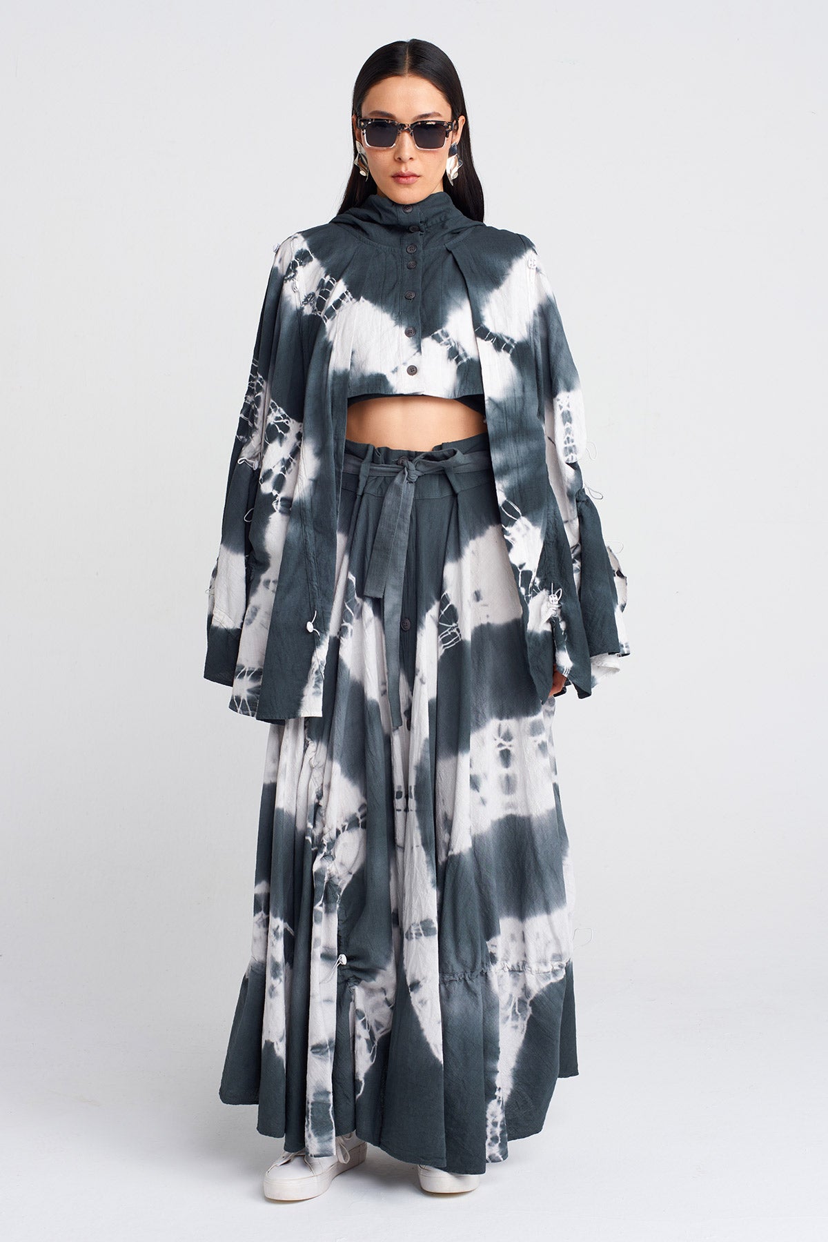 Dark Grey Tie-Dye Effect, Drawstring Hooded Jacket-Y255015048