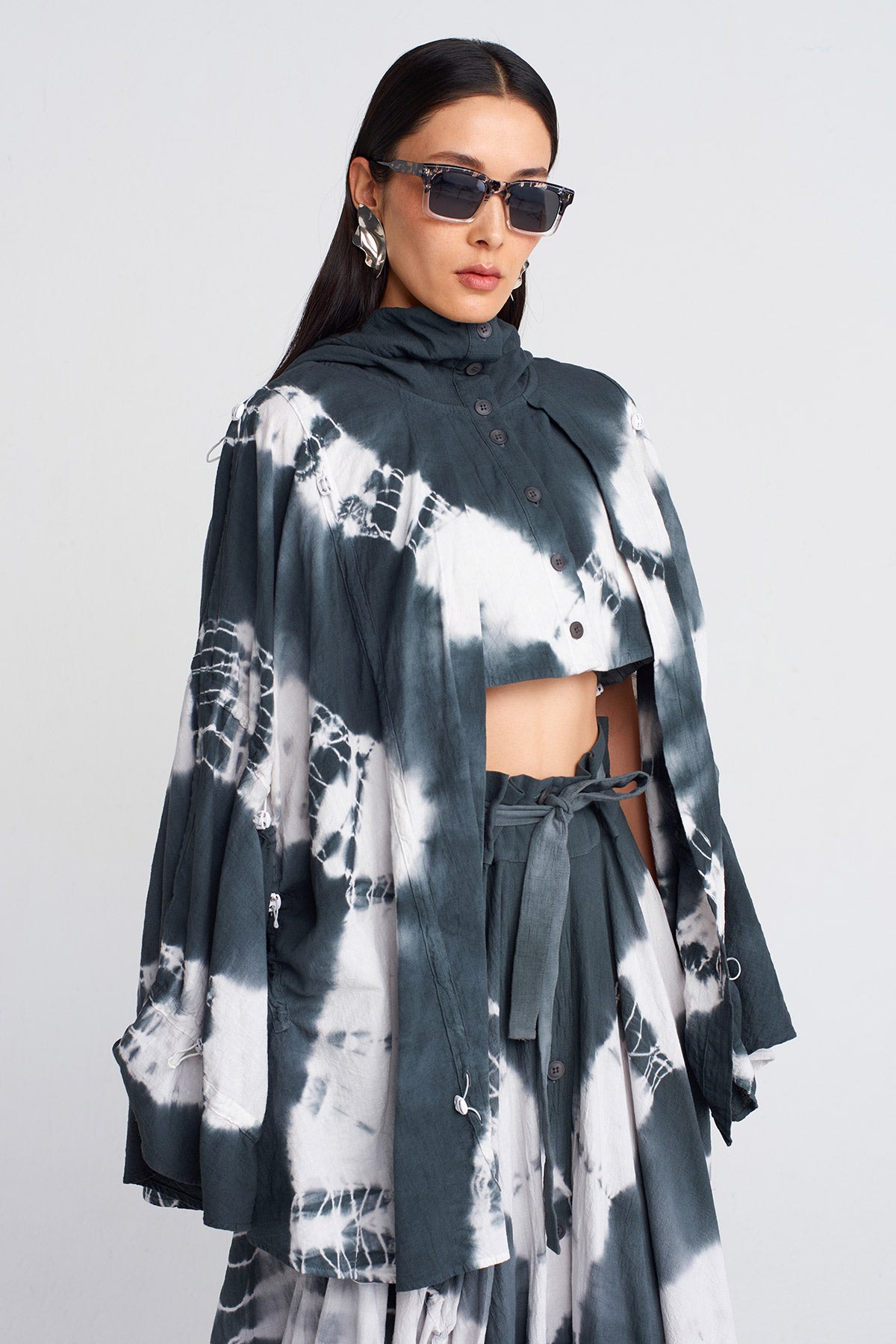 Dark Grey Tie-Dye Effect, Drawstring Hooded Jacket-Y255015048