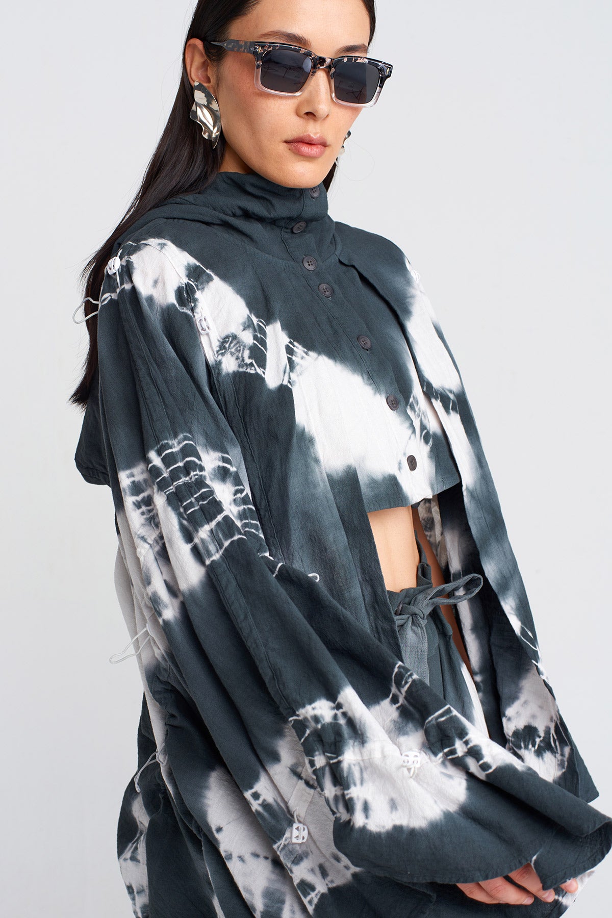 Dark Grey Tie-Dye Effect, Drawstring Hooded Jacket-Y255015048