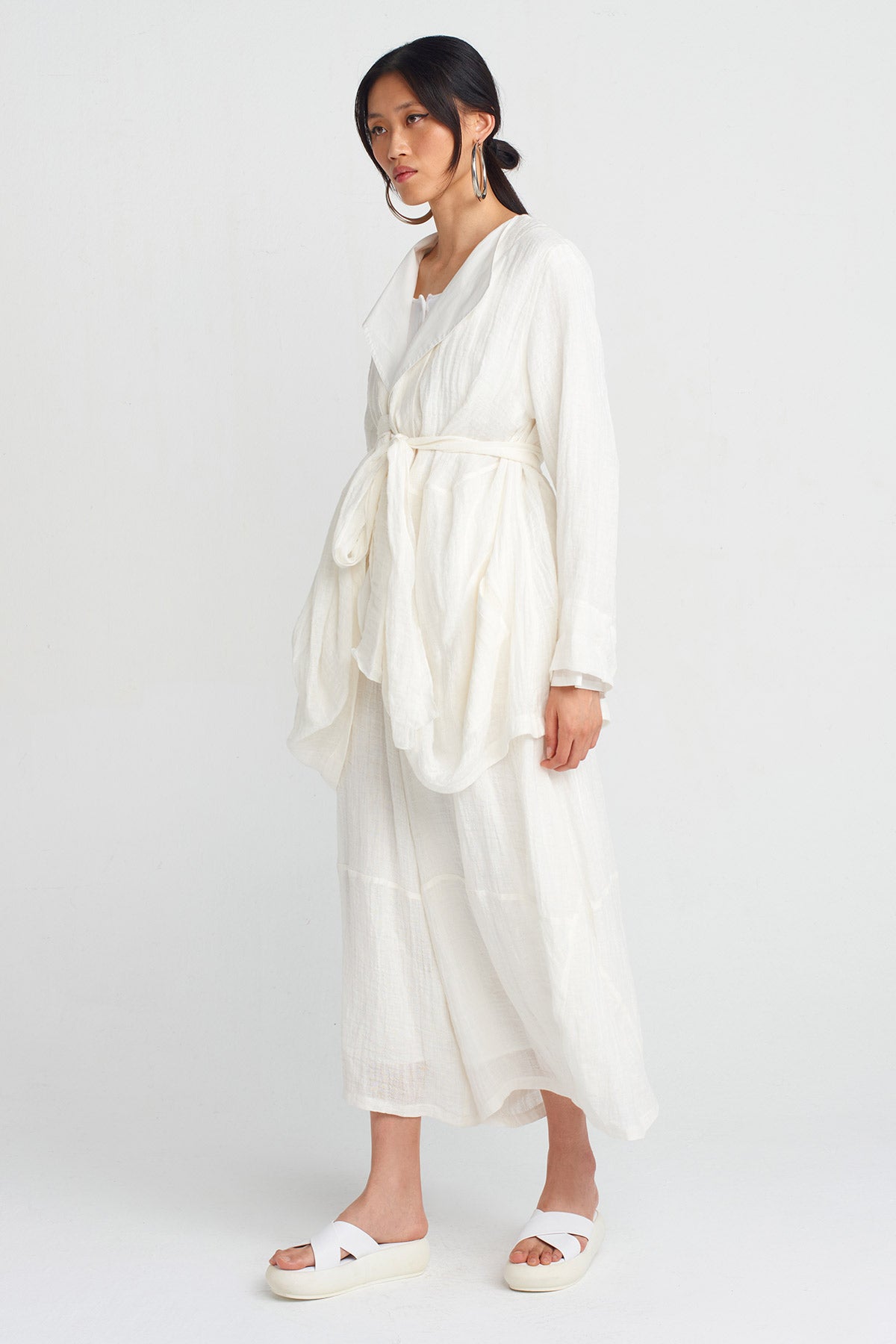 Off White Linen Belted Jacket-Y255015055