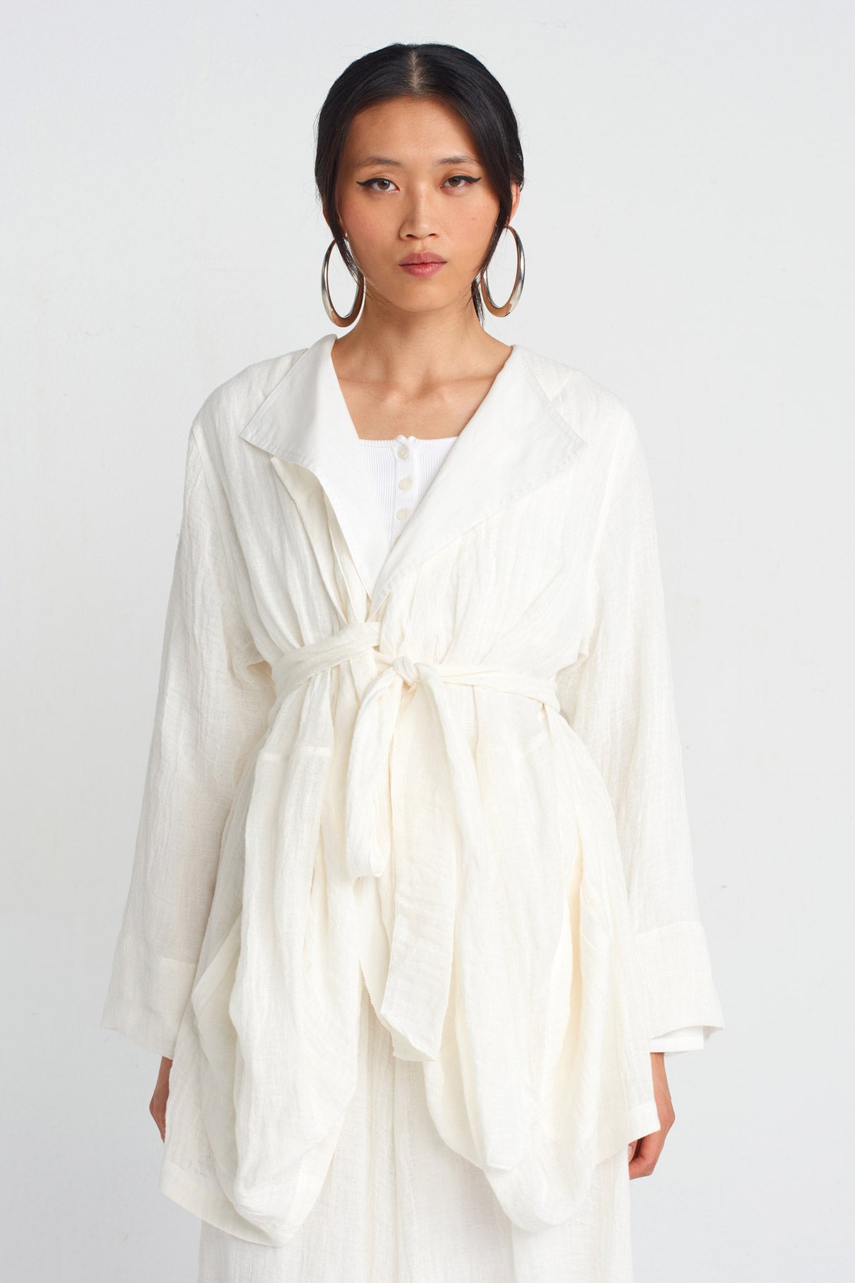 Off White Linen Belted Jacket-Y255015055