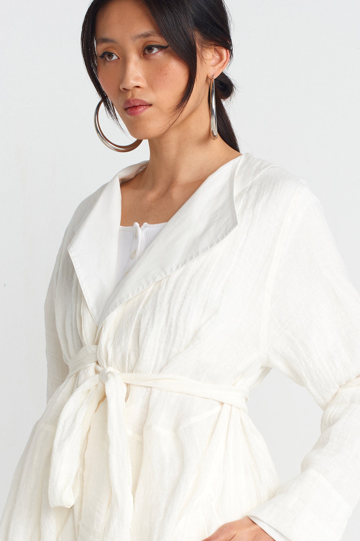 Off White Linen Belted Jacket-Y255015055