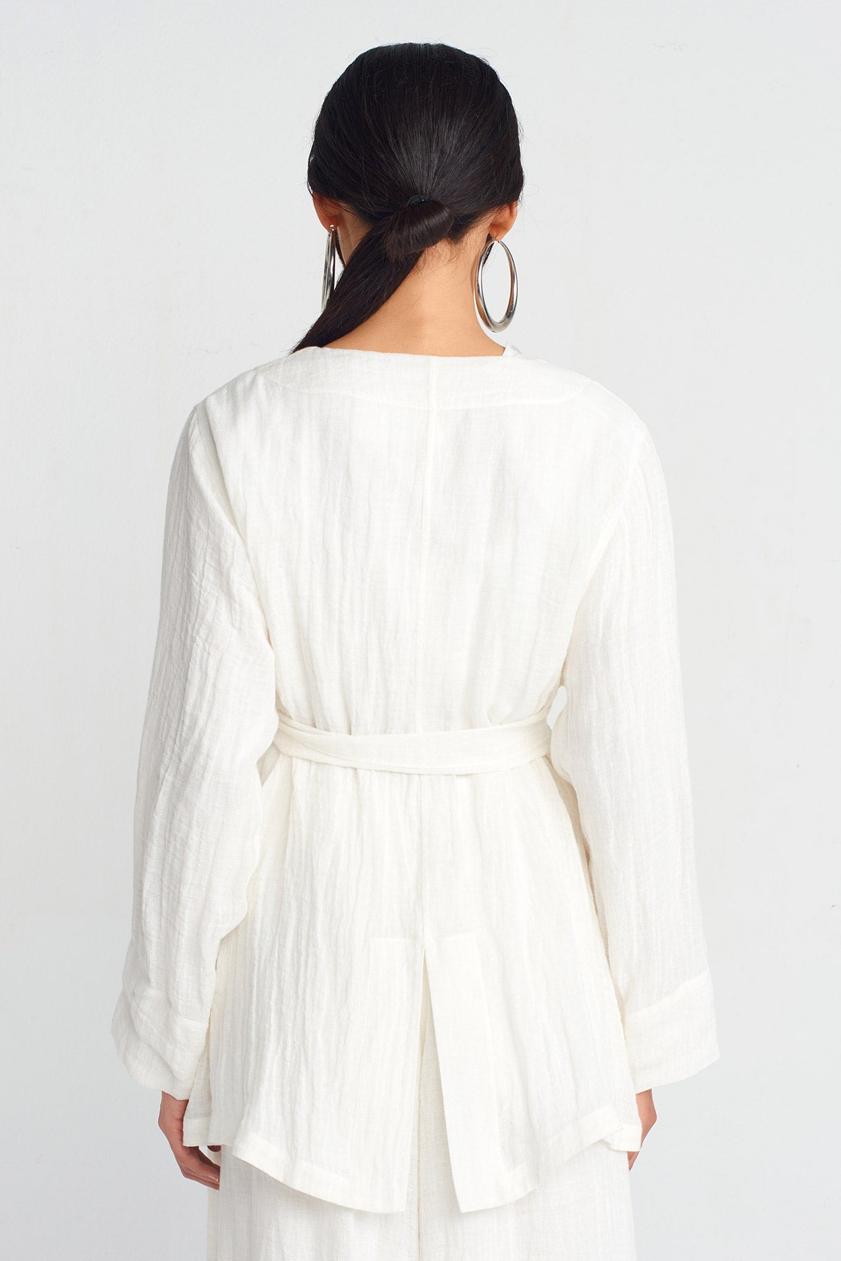 Off White Linen Belted Jacket-Y255015055